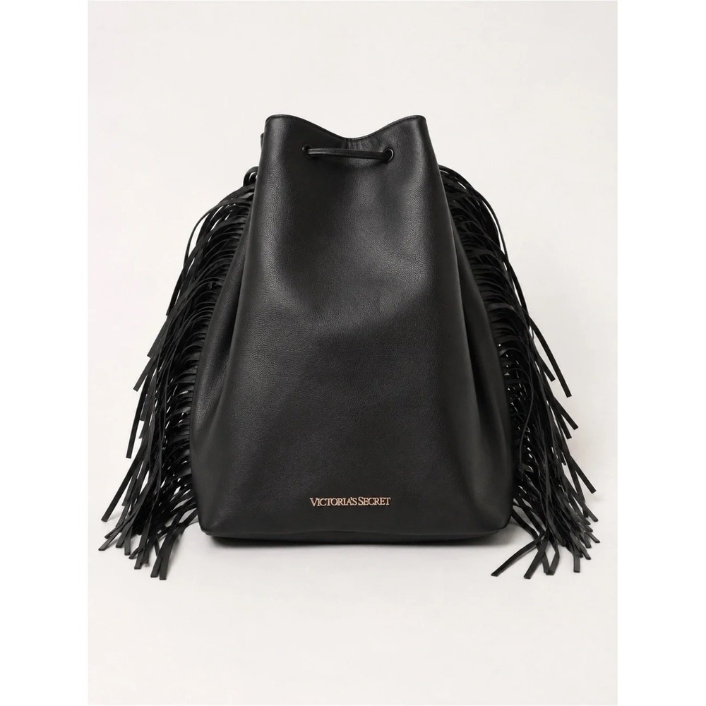 Victoria's Secret Black Fringed Bucket Bag Drawstring Backpack Boho Festival Y2K